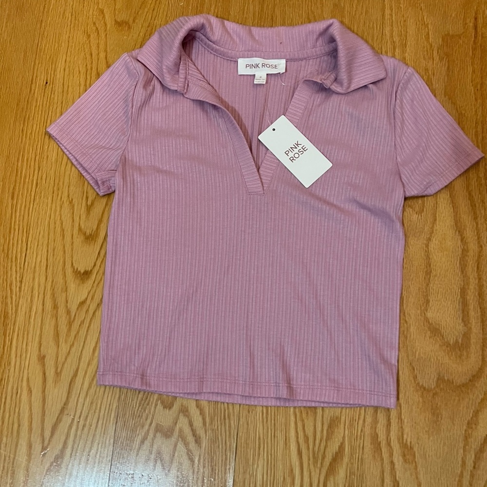 Pink Ribbed Crop Top with Collar